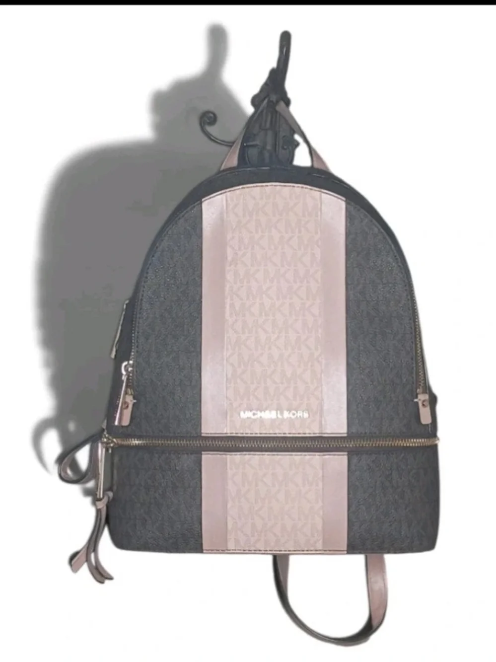Michael Kors Rhea Zip Stripe Medium Backpack Pink & Brown Monogram